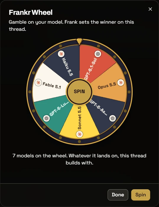The Frankr Wheel: spin to pick which model builds with you